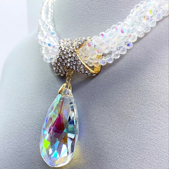 Crystal Necklace Set with Earring, AB Crystal Set Women, Wedding Church Jewelry - Picture 2 of 2